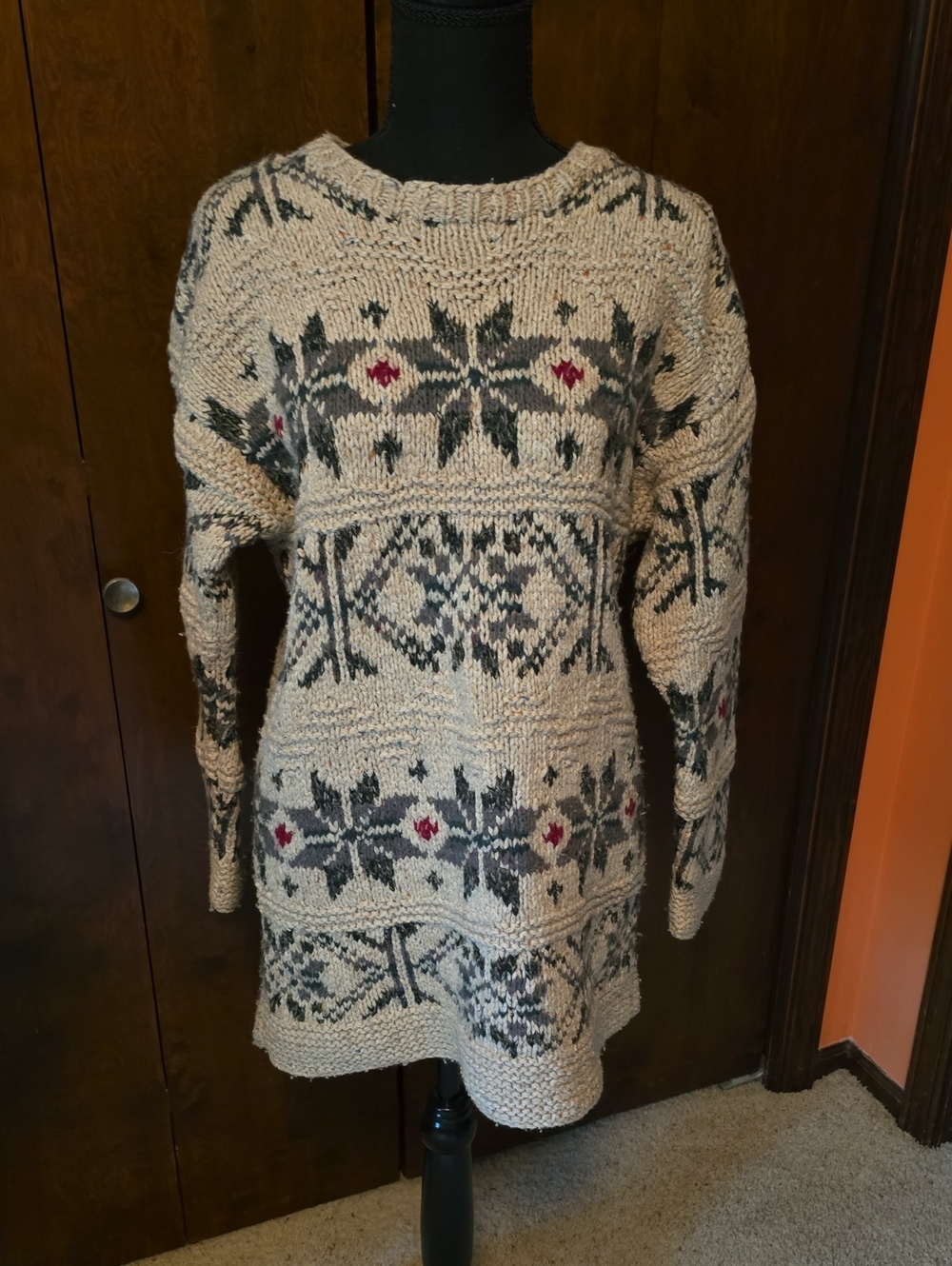 Cream Fair Isle Crewneck Sweater with Charcoal and Red Accents